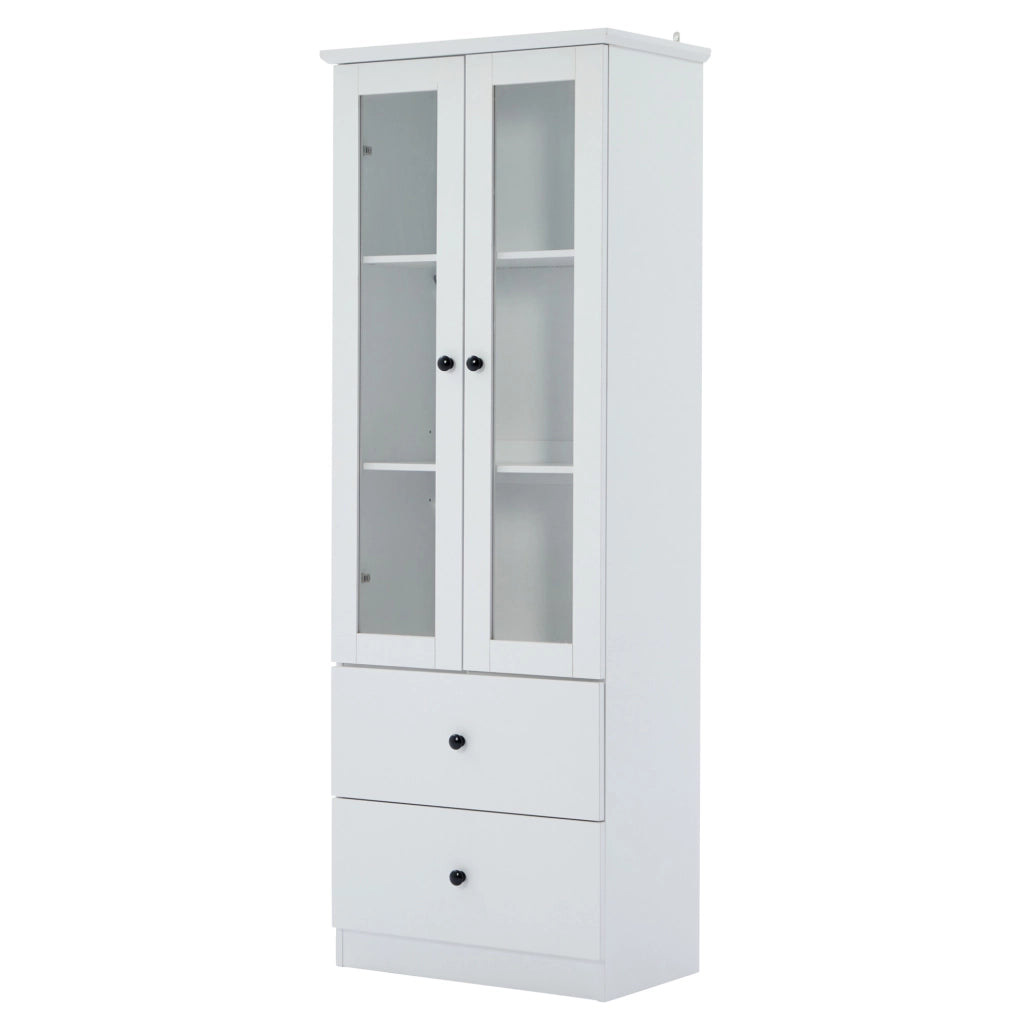 Vetrina Moderna Bianca Opaca 165 cm con LED Multicolore, Porta USB, 2 Cassetti e Ripiani Regolabili in MDF e Vetro Temperato