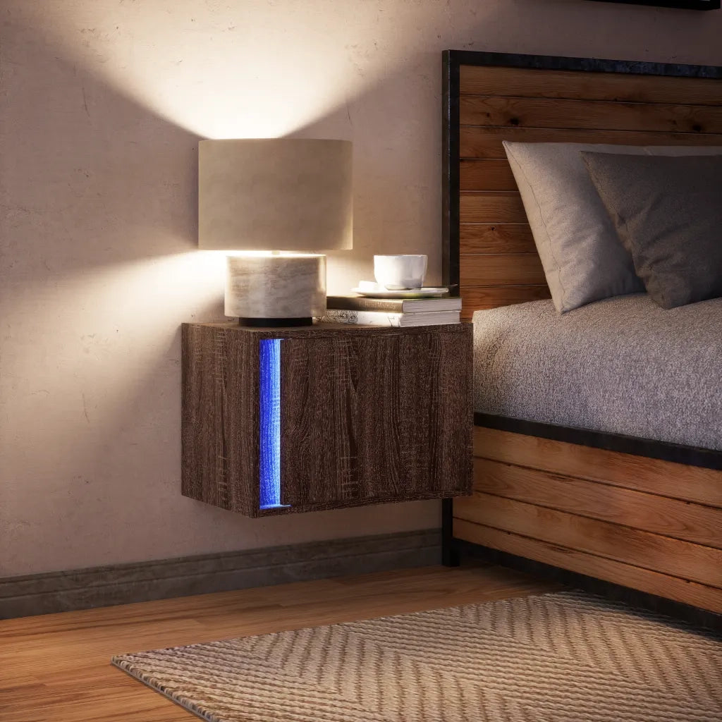 Comodino | Armadio da Notte | Mobiletto da notte a Parete con luci LED Rovere Marrone