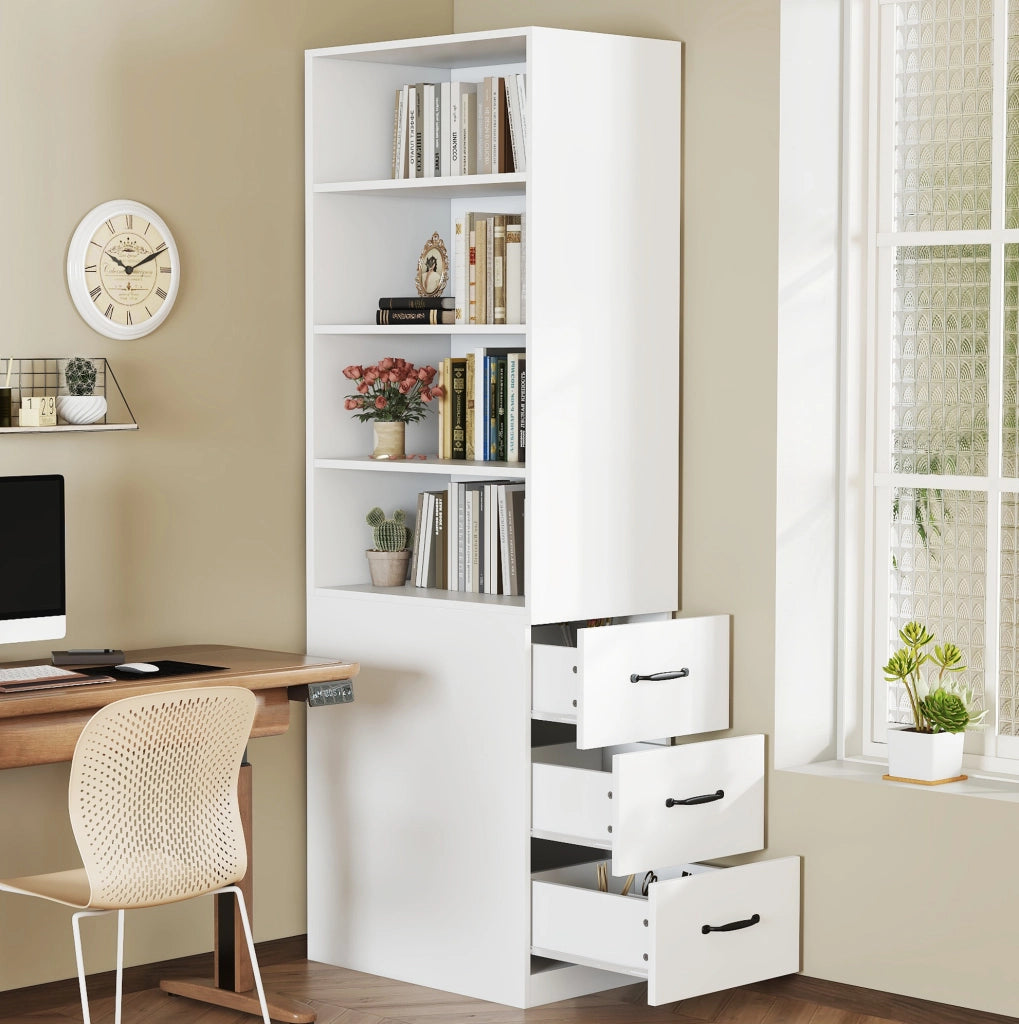 Libreria sottile 180 cm con cassetti laterali e ripiani regolabili, salvaspazio per piccoli ambienti