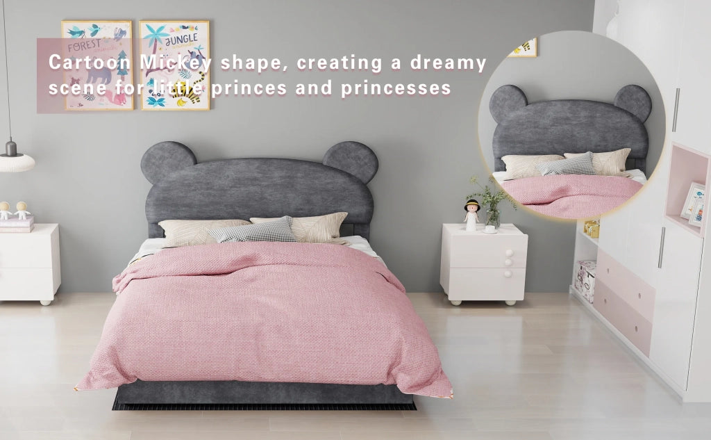Letto imbottito moderno minimalista con testiera morbida a forma di cartone, 140x200 cm, grigio, base rialzata multifunzione con meccanismo a gas. Materasso non incluso.