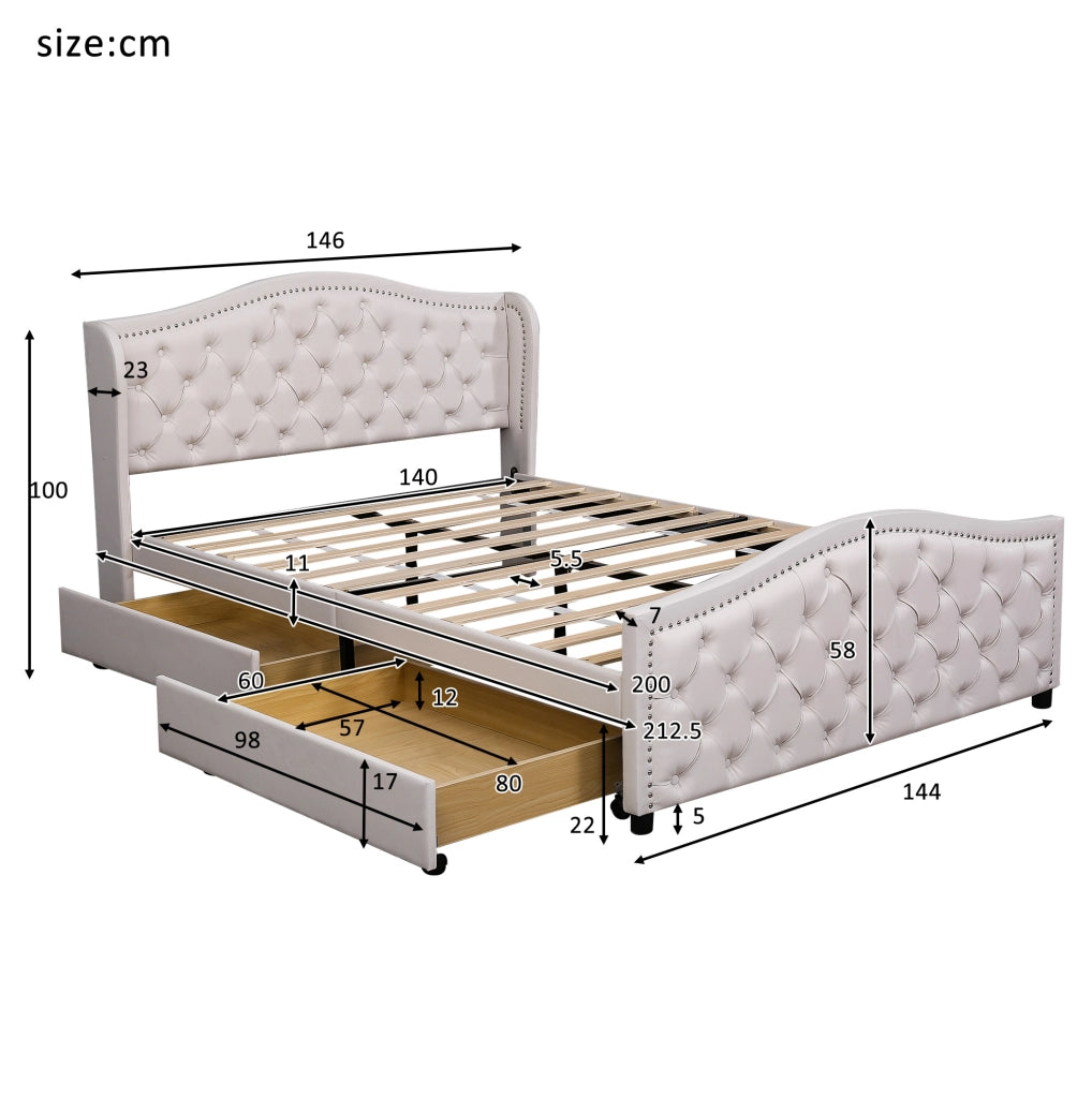 Letto imbottito bianco 140x200 cm con rete a doghe, 2 cassetti e testiera con borchie in legno e ecopelle