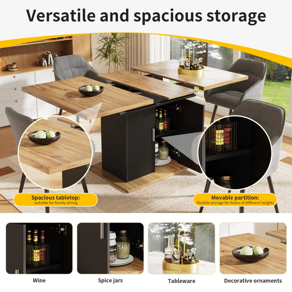 Tavolo allungabile da pranzo con mobile contenitore e ripiani regolabili in MDF nero 110 × 70 × 76 cm