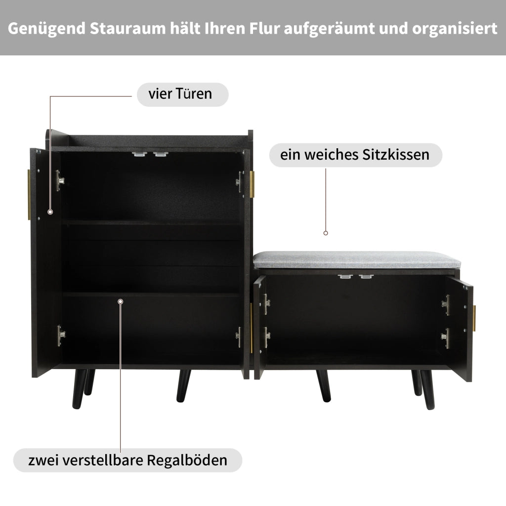 Scarpiera con seduta imbottita e ripiani interni in pannello truciolare nero e noce scuro 120 × 34 × 82 cm