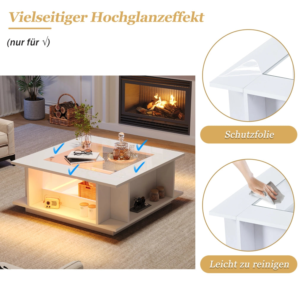 Tavolino basso fisso quadrato con LED e vano portaoggetti in pannello di particelle bianco 70 × 70 × 30 cm