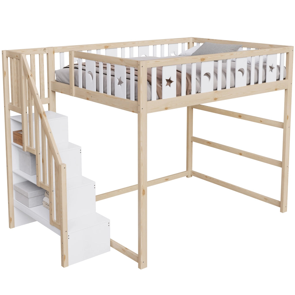 Letto a soppalco per bambini 140 × 200 cm con scala ripiani area divano e decorazioni luna e stelle in legno