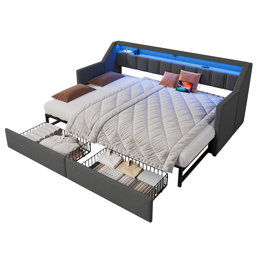 Daybed - Xylo - 90x200 cm LED USB 2 cassetti grigio