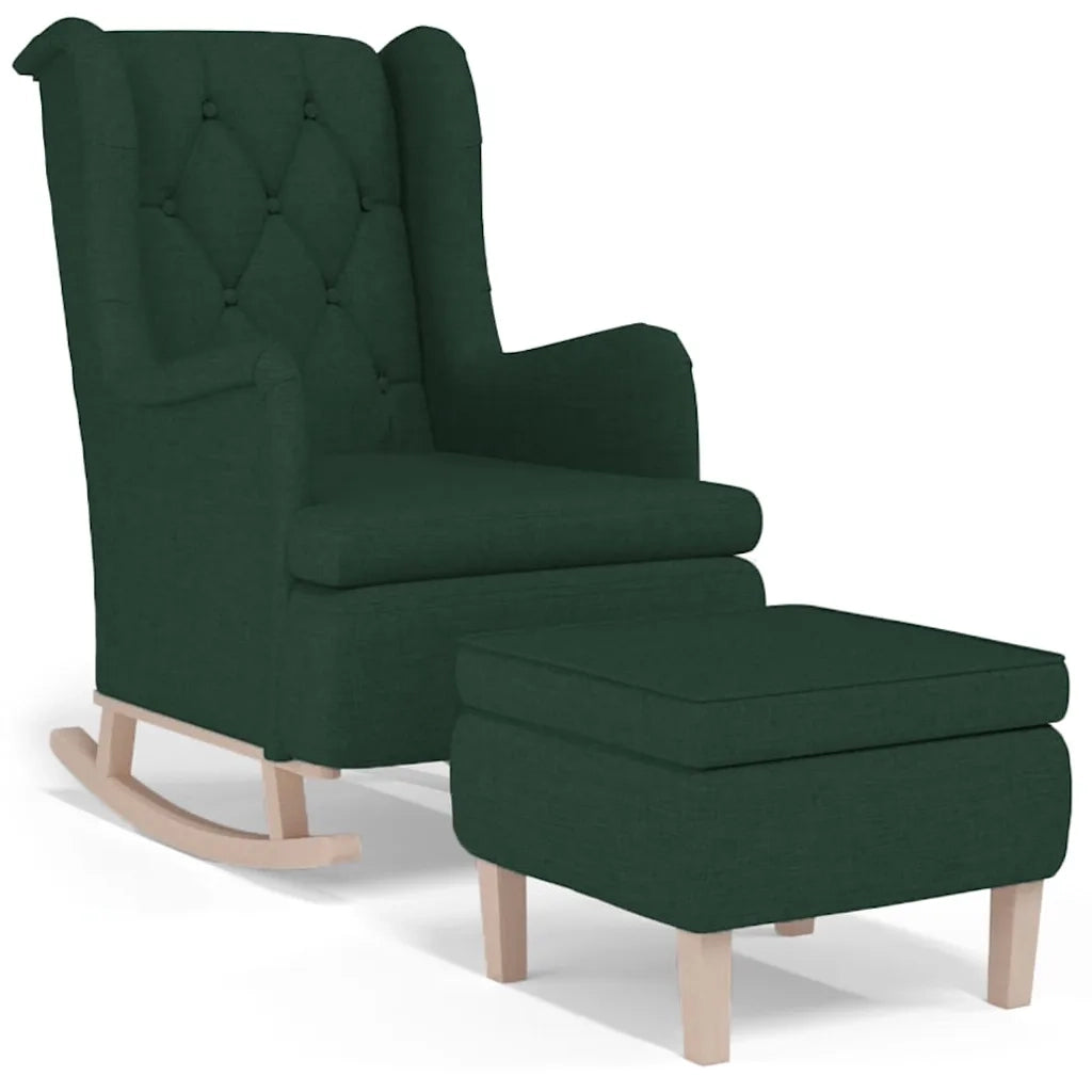 Divano Sedia-Poltrona con Gambe a Dondolo e Sgabello Verde Scuro in Tessuto