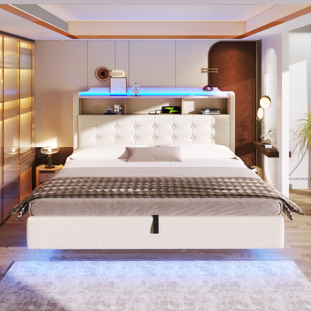 Letto matrimoniale 180 × 200 cm 2 posti con contenitore idraulico; LED; USB e Type-C; senza materasso; beige