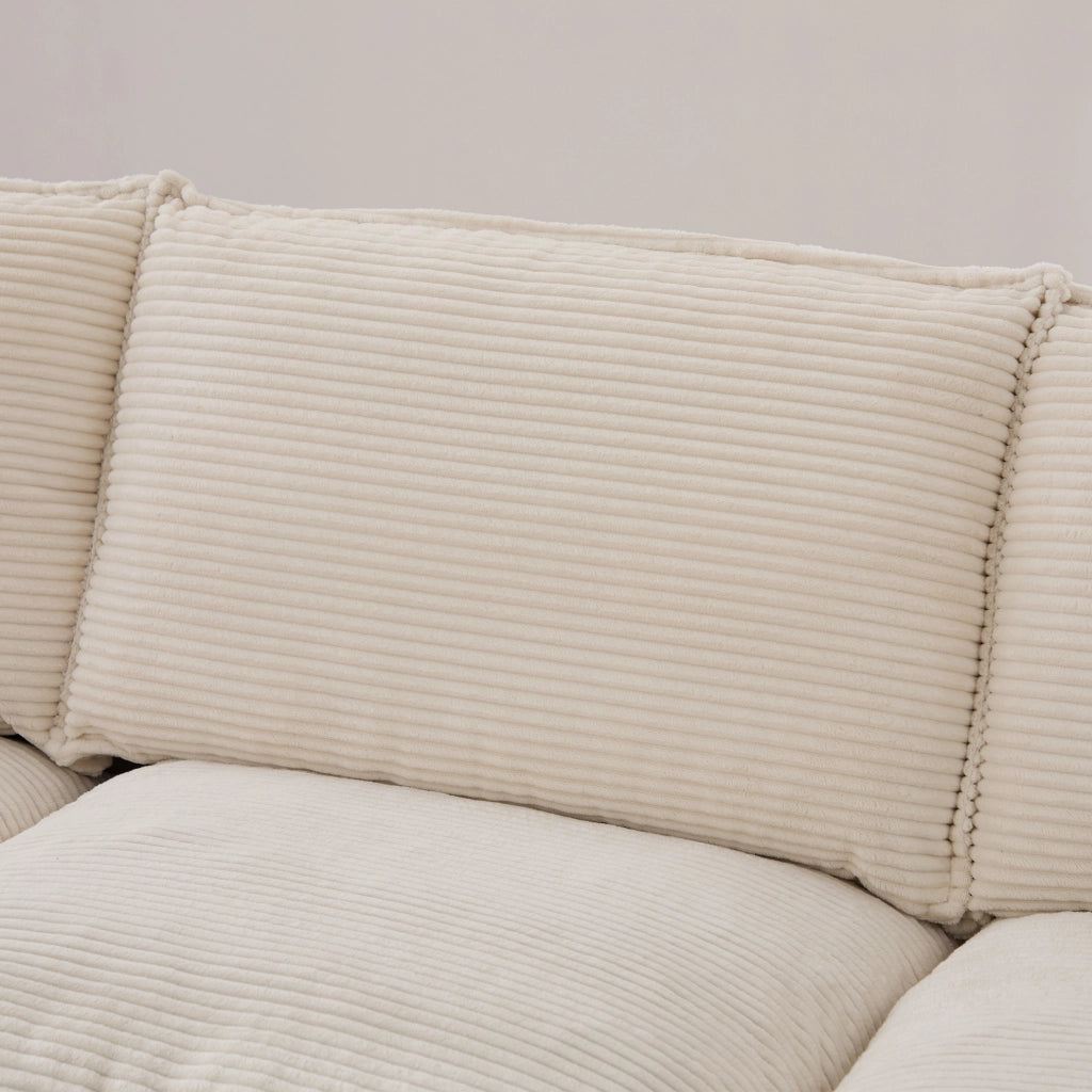 Divano modulare 3 posti beige in velluto a coste con 2 pouf, porta USB-C e comfort ergonomico