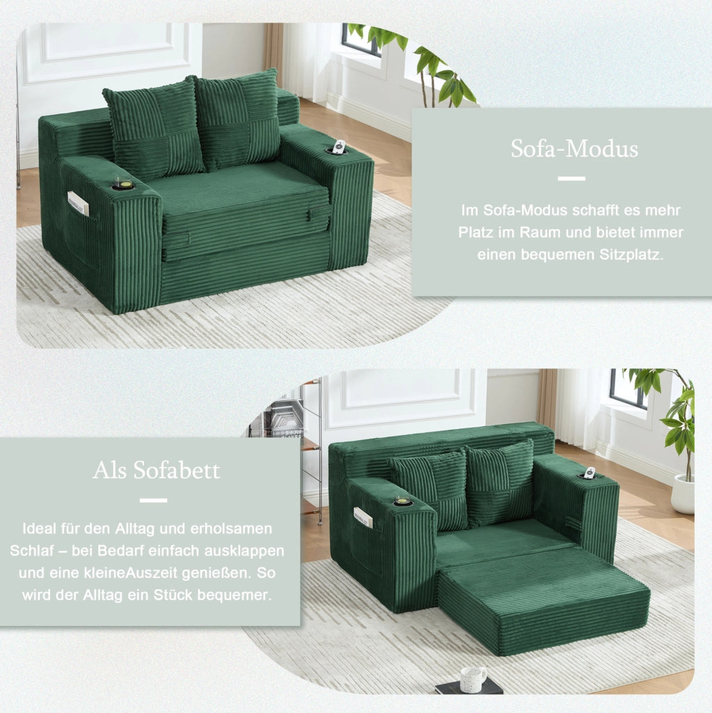 Pouf divano in velluto a coste verde smeraldo con tasche laterali; 151 x 133 x 64 cm
