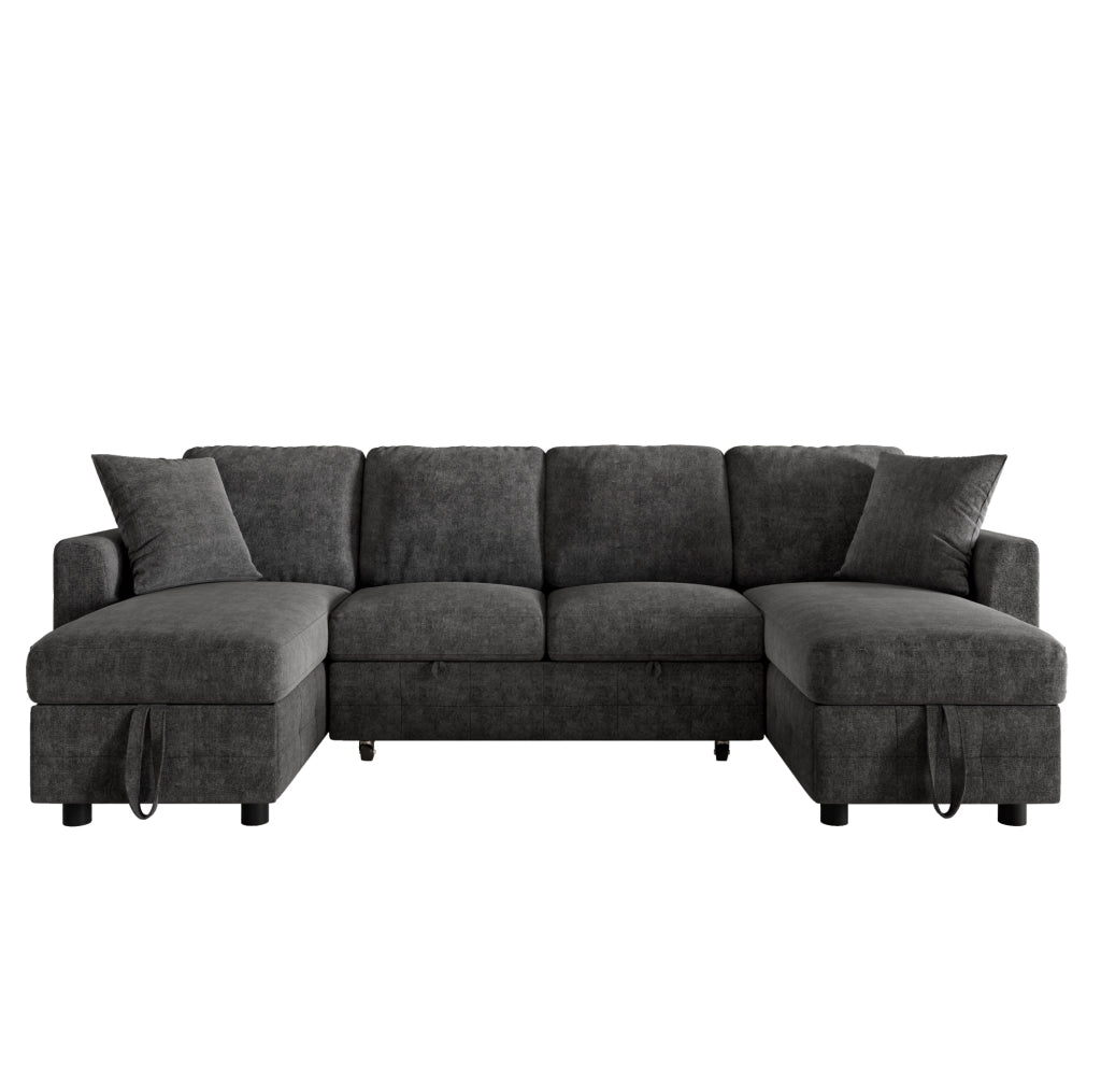 Divano letto a U estraibile 260x128 cm in ciniglia grigio scuro con USB e USB-C