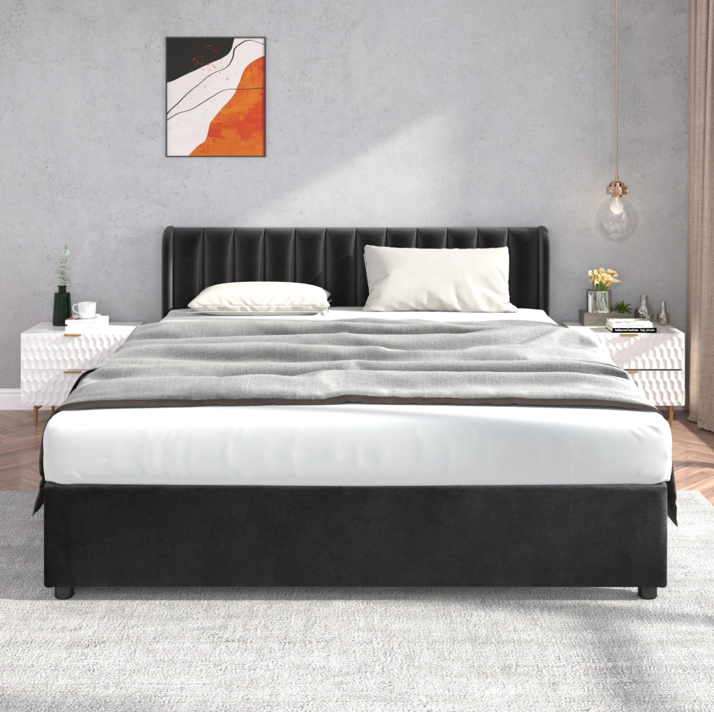 Letto imbottito 180x200 cm in velluto nero con rete a doghe, testiera e 2 cassetti