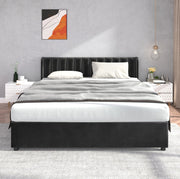 Letto imbottito 180x200 cm in velluto nero con rete a doghe, testiera e 2 cassetti
