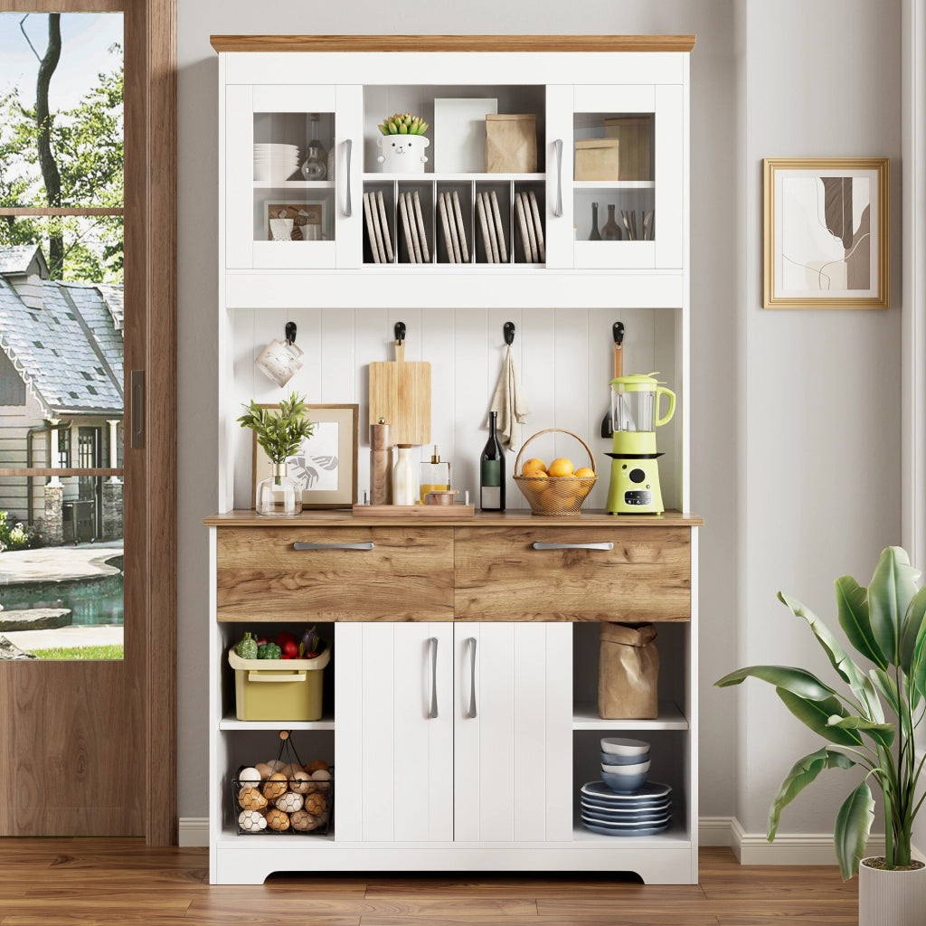 Credenza da cucina con vetrine; 2 cassetti; ante e ganci in pannello truciolare bianco e naturale 106 × 39 × 176.5 cm