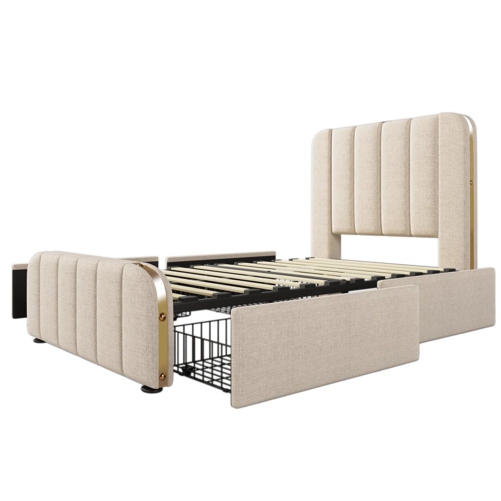 Letto singolo imbottito 90x200 cm beige con 4 cassetti