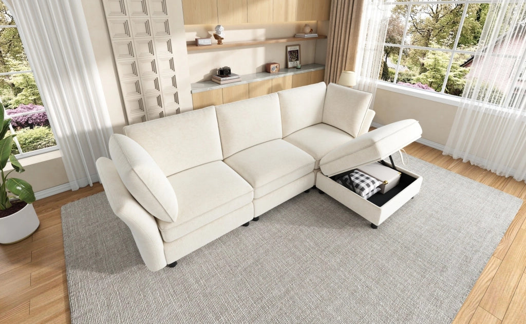 Divano modulare ad angolo a L con pouf contenitore, rivestimento in tessuto chenille beige, 4 posti, struttura in legno massello