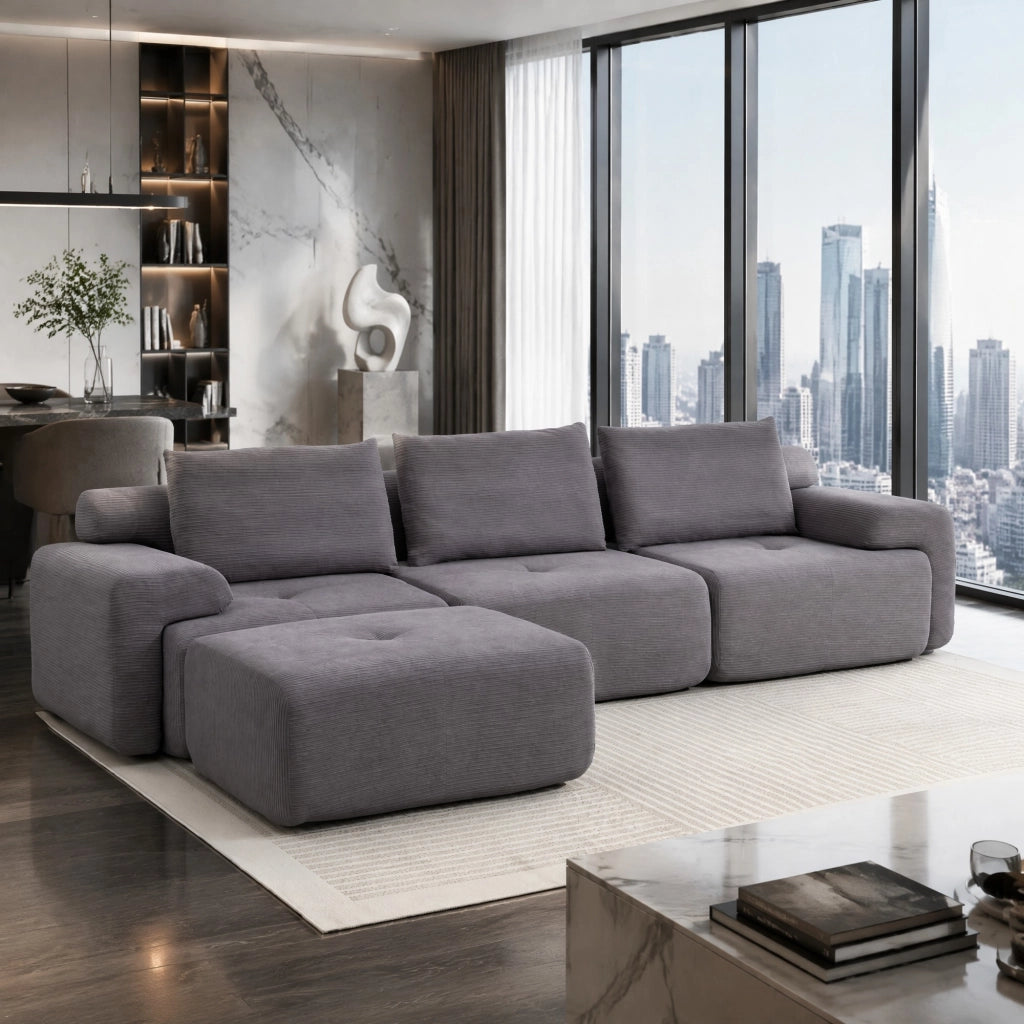 Divano angolare modulare senza telaio in tessuto a coste grigio scuro con pouf scorrevole e seduta profonda 63 cm