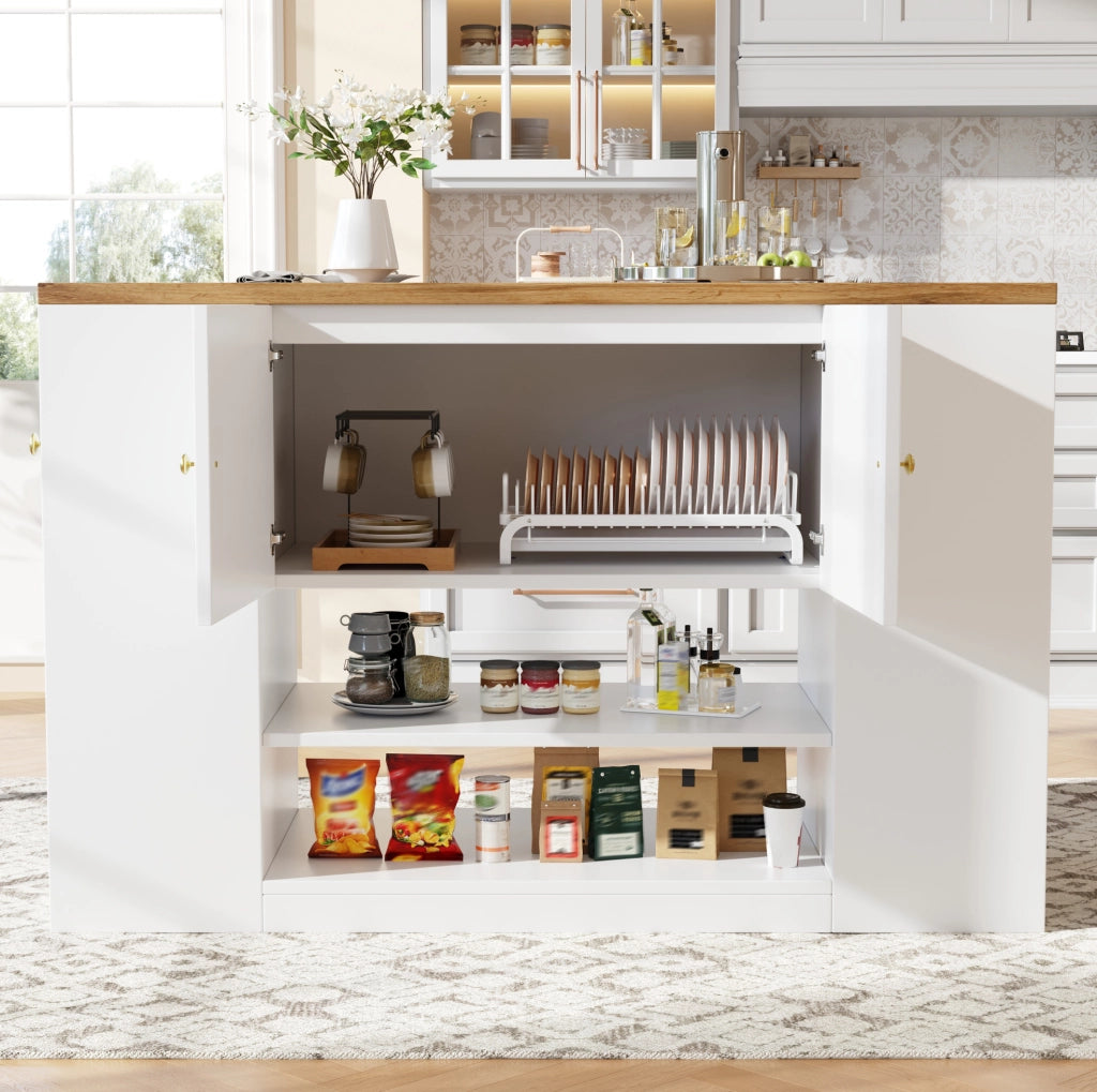 Isola cucina pieghevole bianca in MDF e metallo con ripiani e cassetti