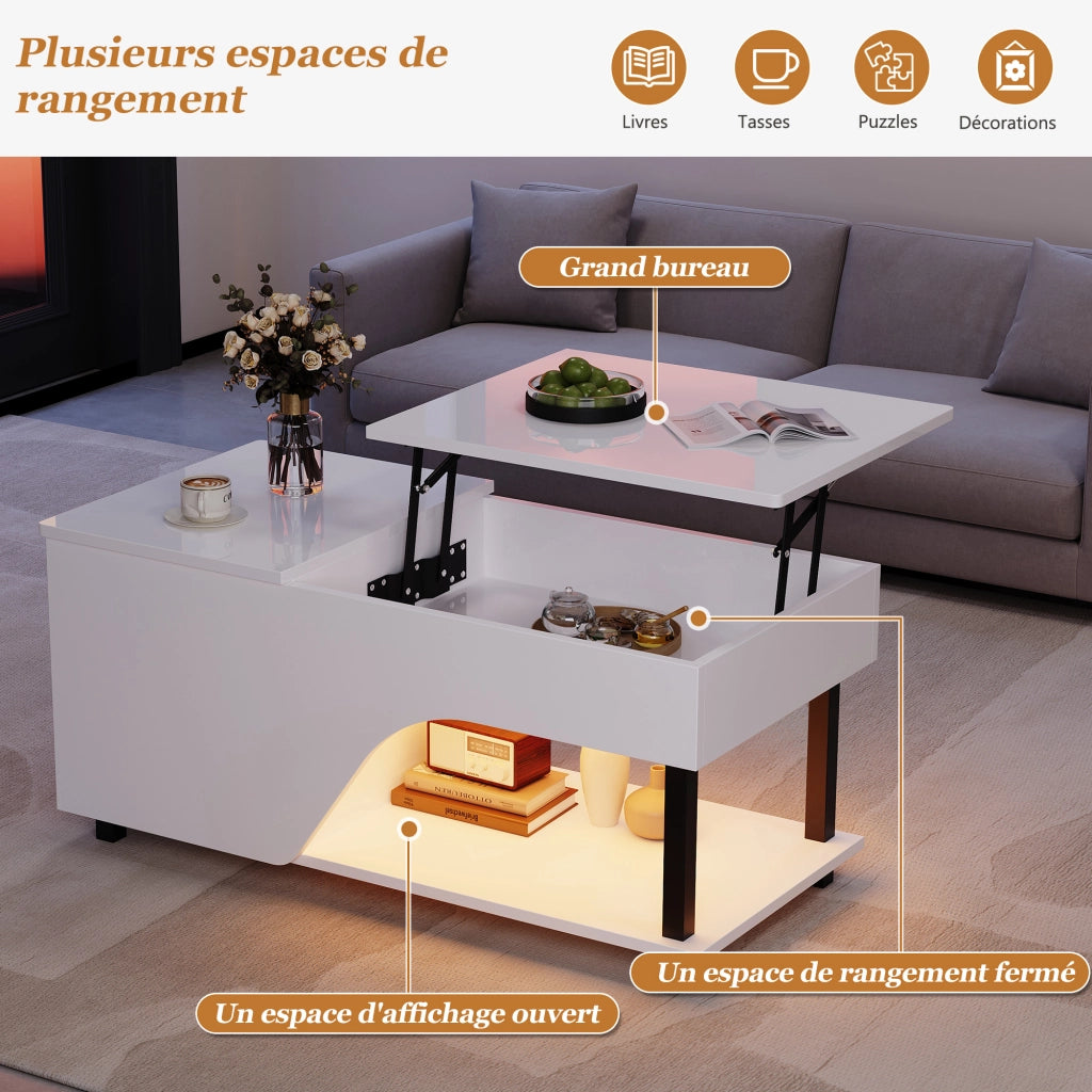 Tavolino da salotto moderno elevabile LED con vano nascosto e ripiani laterali regolabili, bianco, 50 × 100 × 46 cm