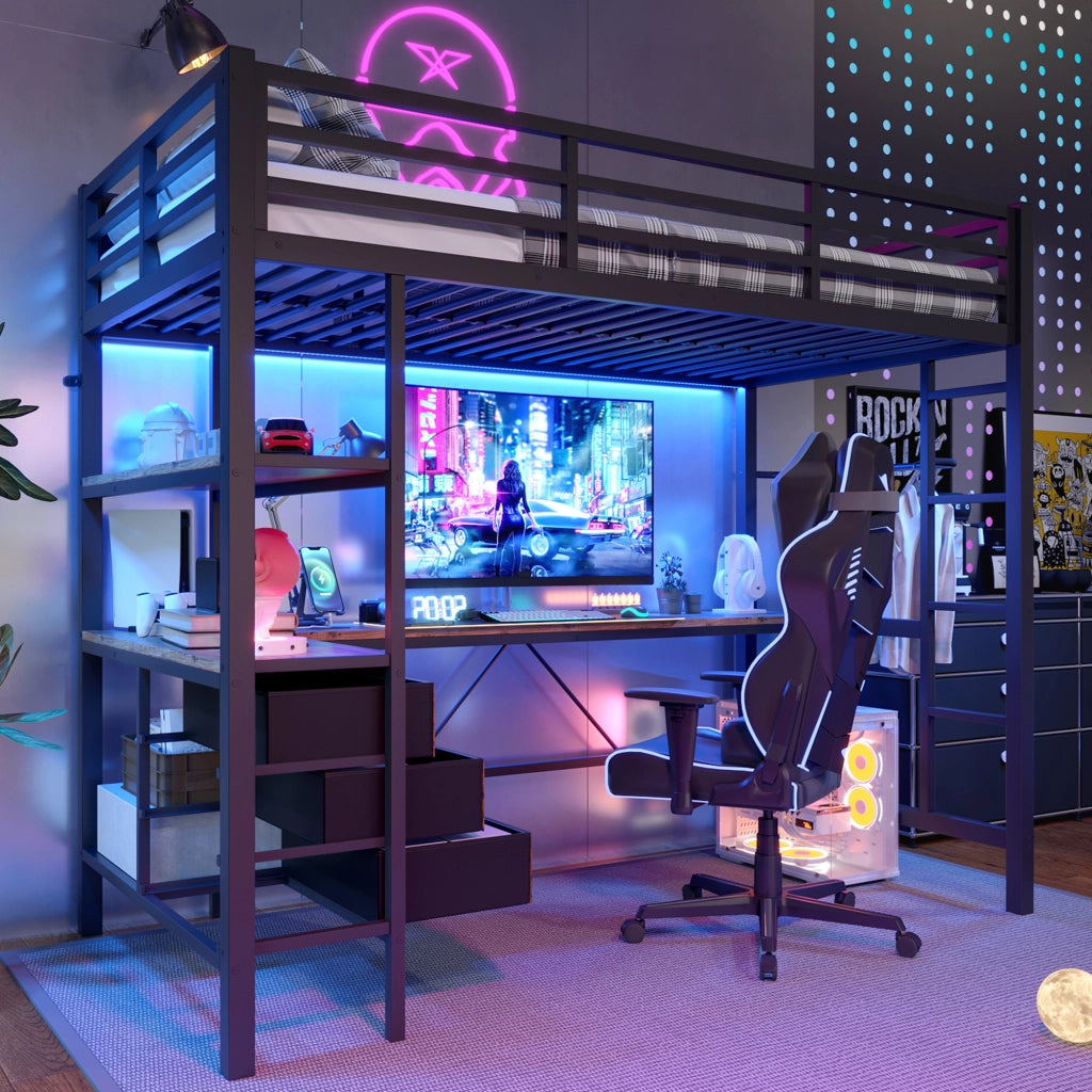 Letto a soppalco 90 × 200 cm con scrivania; LED con telecomando; presa USB; 3 cassetti; ripiani; nero