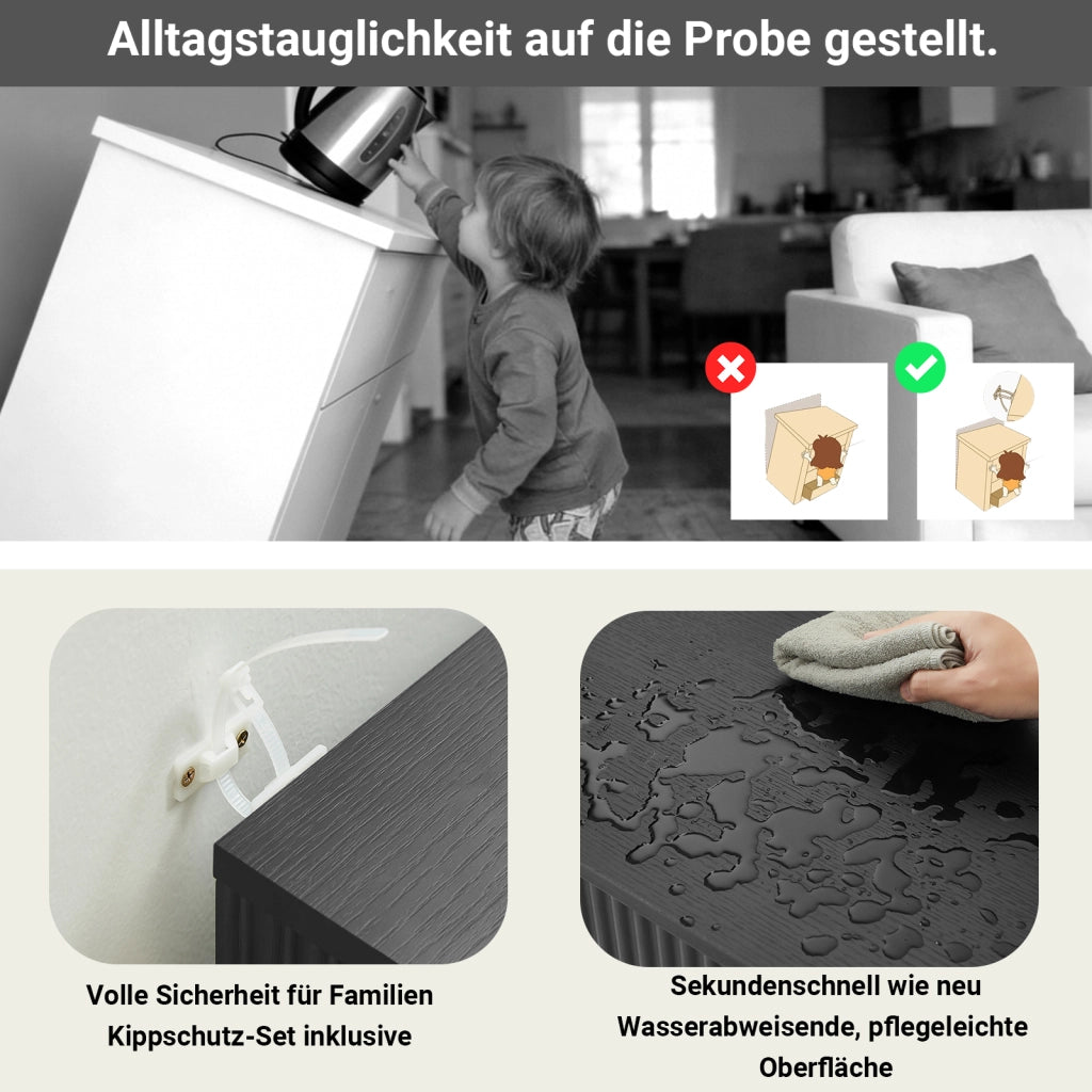 Madia a 4 ante con superficie ondulata in MDF nero e maniglie dorate con ripiano centrale 160 × 40 × 80 cm