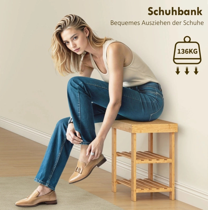 Panca porta scarpe in bambù naturale con 2 ripiani e seduta 50x28x45 cm per ingresso e corridoio