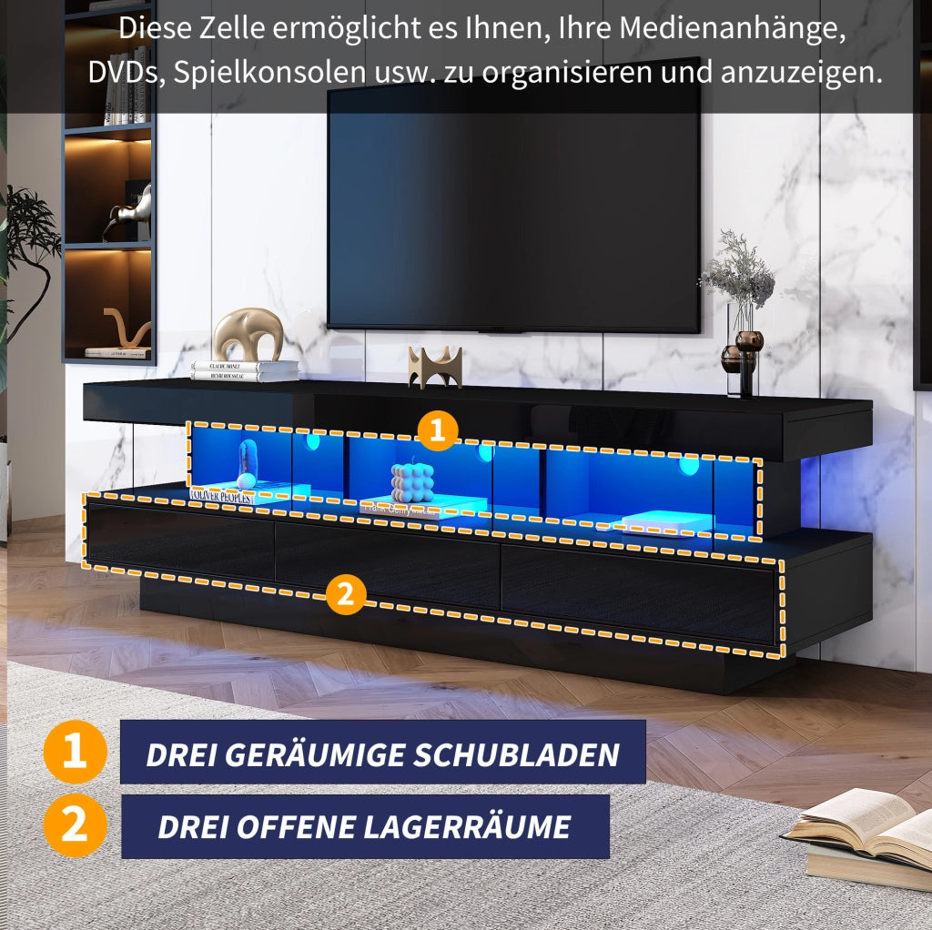 TV moderno nero lucido con LED e 3 vani in vetro