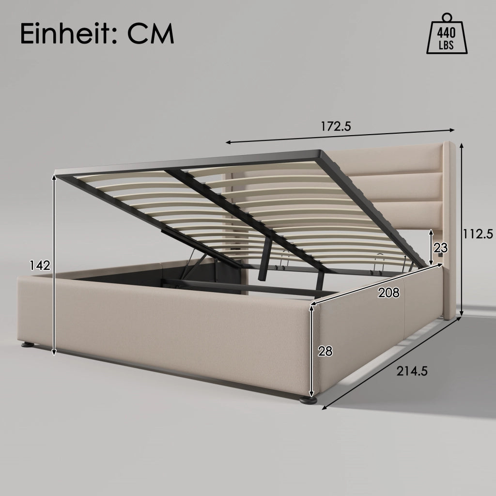 Letto contenitore 160 × 200 cm con rete sollevabile idraulica testiera imbottita in lino beige
