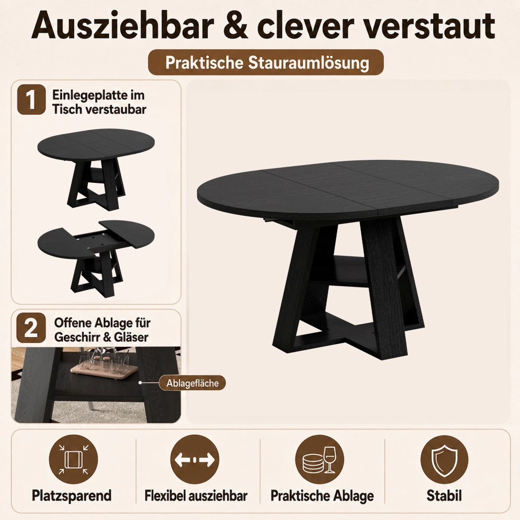 Tavolo da Pranzo Rotondo/Ovale Allungabile Ø110/150x110 cm con Ripiano LEMONMAX; 4-6 Posti; Allunga Integrata; Effetto Legno Nero