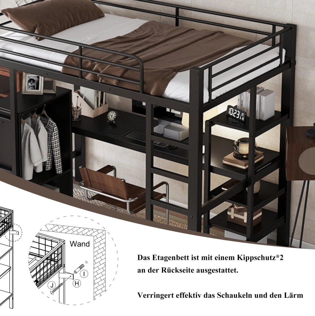 Letto a soppalco nero 90 x 200 cm con scrivania e armadio