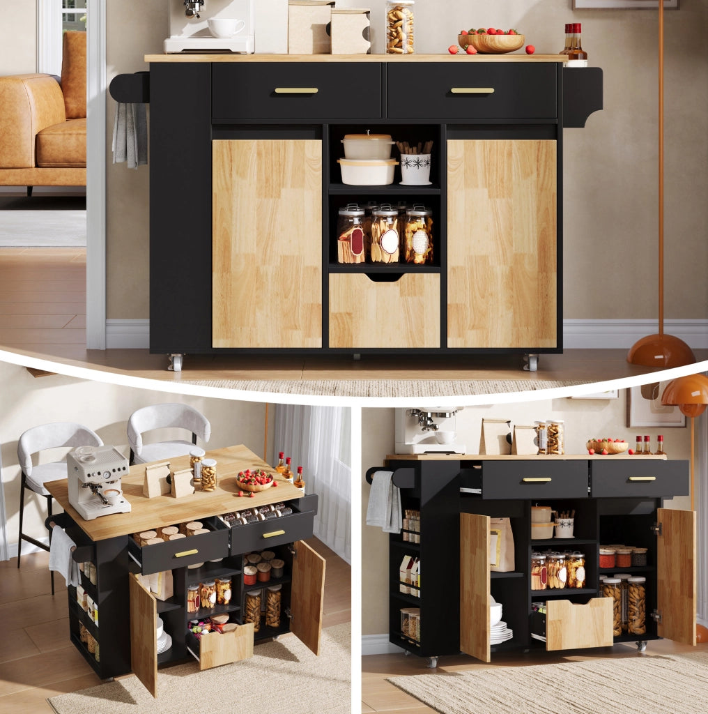 Isola cucina mobile con piano allungabile, carrello con 3 cestoni e scaffale porta spezie, 120 × 45(71) × 90 cm, mobili con ruote bloccabili