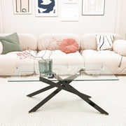 Tavolino basso fisso in vetro temprato con gambe in metallo nero rettangolare 120 × 60 × 46 cm