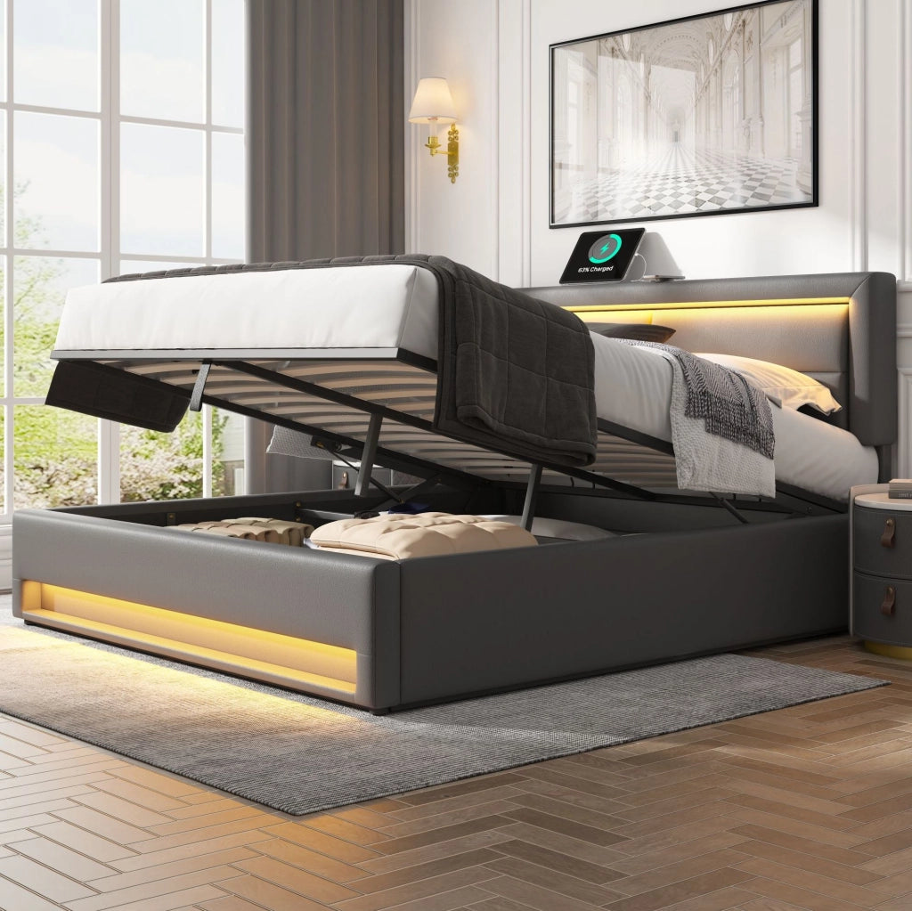 Letto imbottito 140x190 cm USB e LED con contenitore PU grigio (Senza materasso)