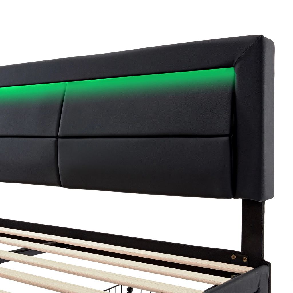 Letto imbottito 140x200 cm nero in similpelle con 4 cassetti; LED e ricarica wireless
