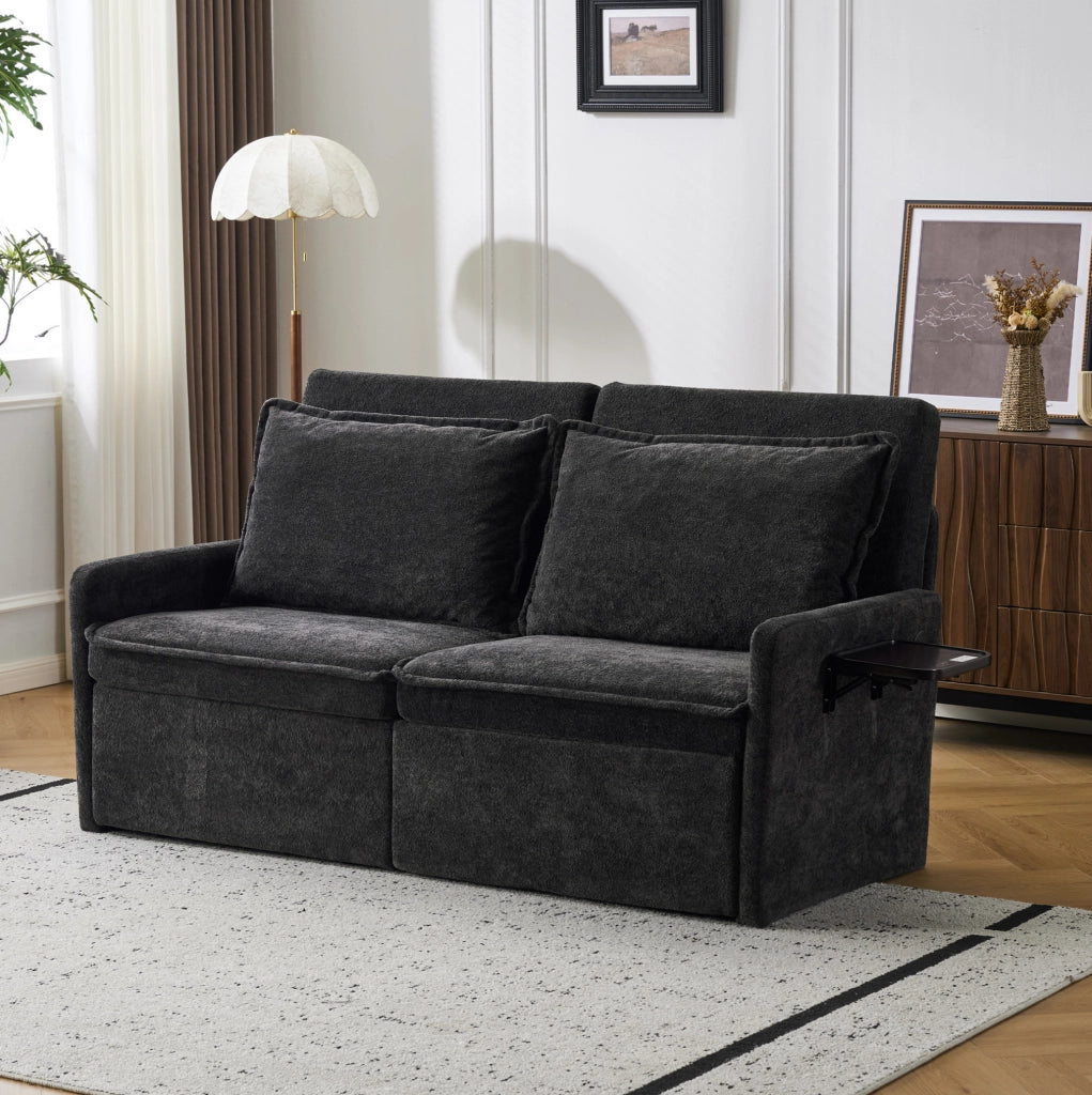 Divano letto pieghevole nero in chenille con schienale regolabile a 5 livelli e porta USB integrata