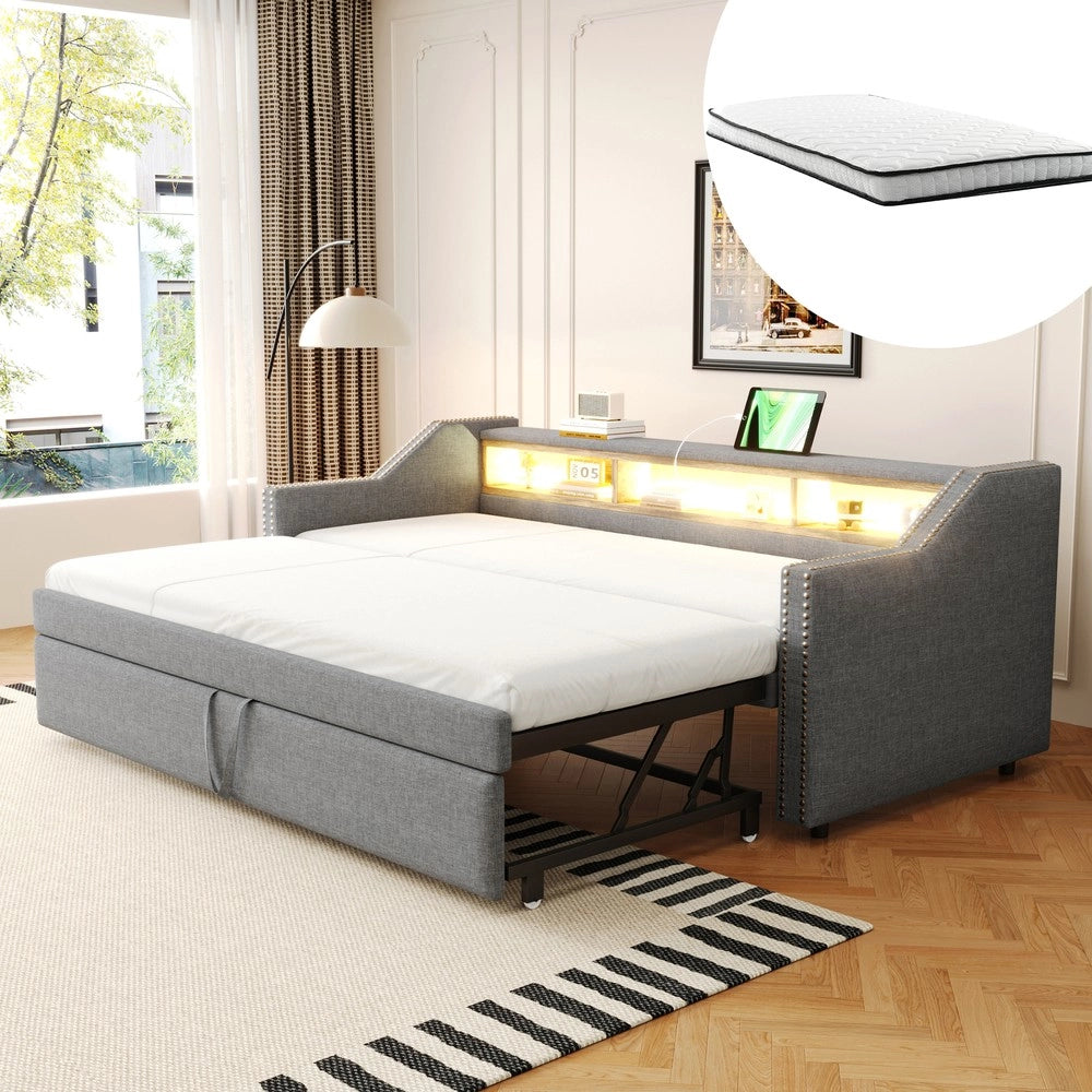 Letto Imbottito Estraibile con Contenitore, LED e Rete a Doghe ¨C Xylo ¨C 90/180x190 cm, Grigio Chiaro