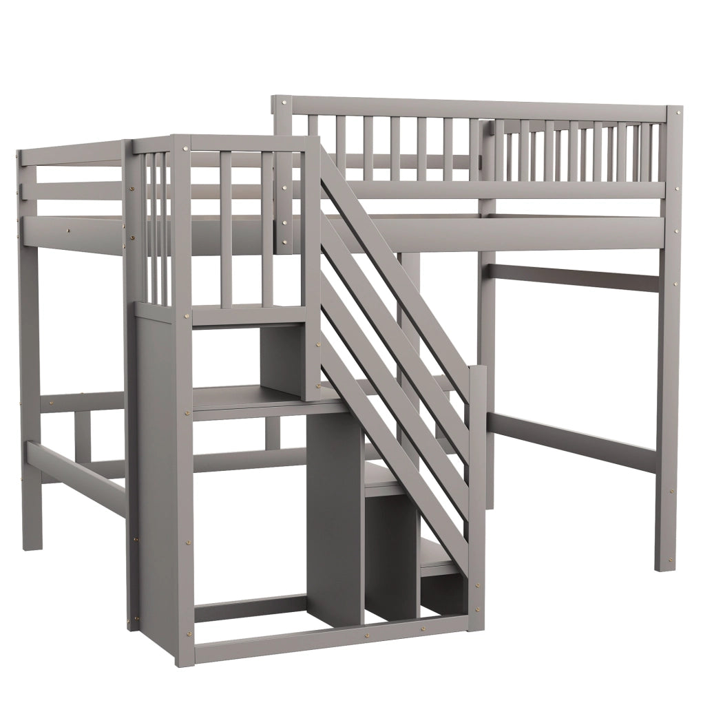 Letto soppalco 140x200 in legno grigio con scala contenitore， senza materasso