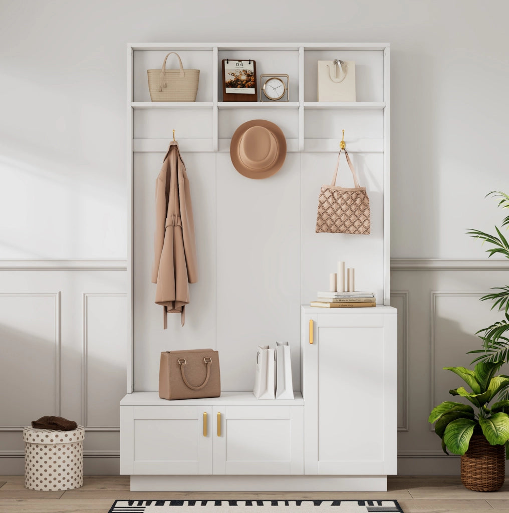 Set appendiabiti con panca e porta scarpe, panca multifunzionale con 3 ganci appesi e spazio aperto, bianco, 120x40x200 cm
