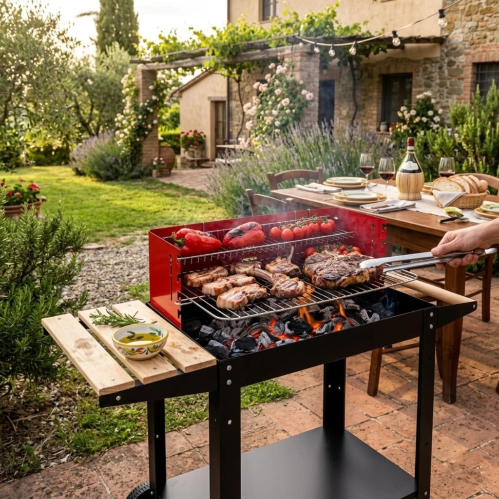 Barbecue Con Griglia Regolabile Accessori Inclusi Ripiano Laterale Mensola Inferiore Ruote Integrate E Griglia Scaldavivande 86 x 40.5 x 81 Cm Nero