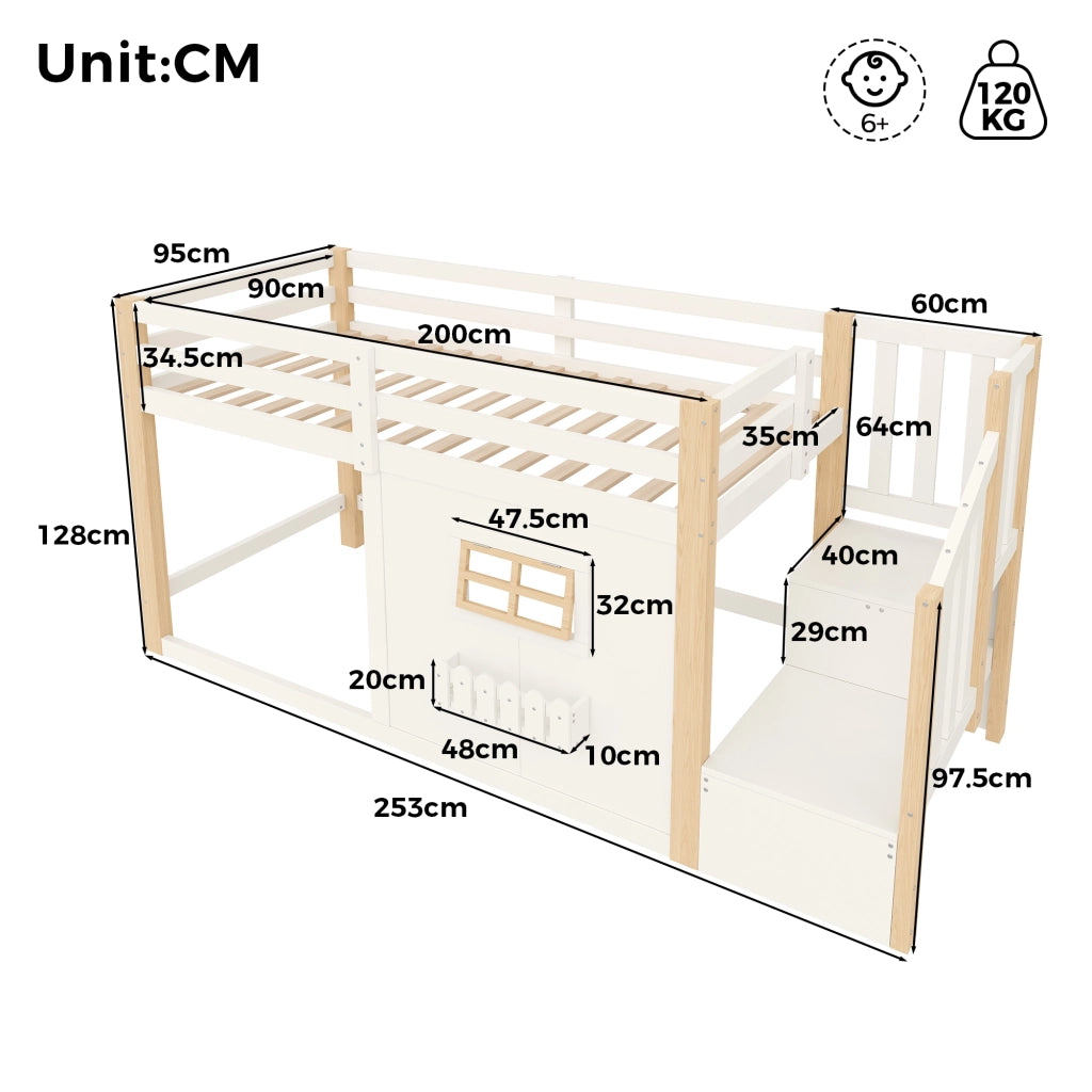 Letto a soppalco 90 × 200 cm con scala contenitore e illuminazione LED in legno di pino e MDF bianco naturale