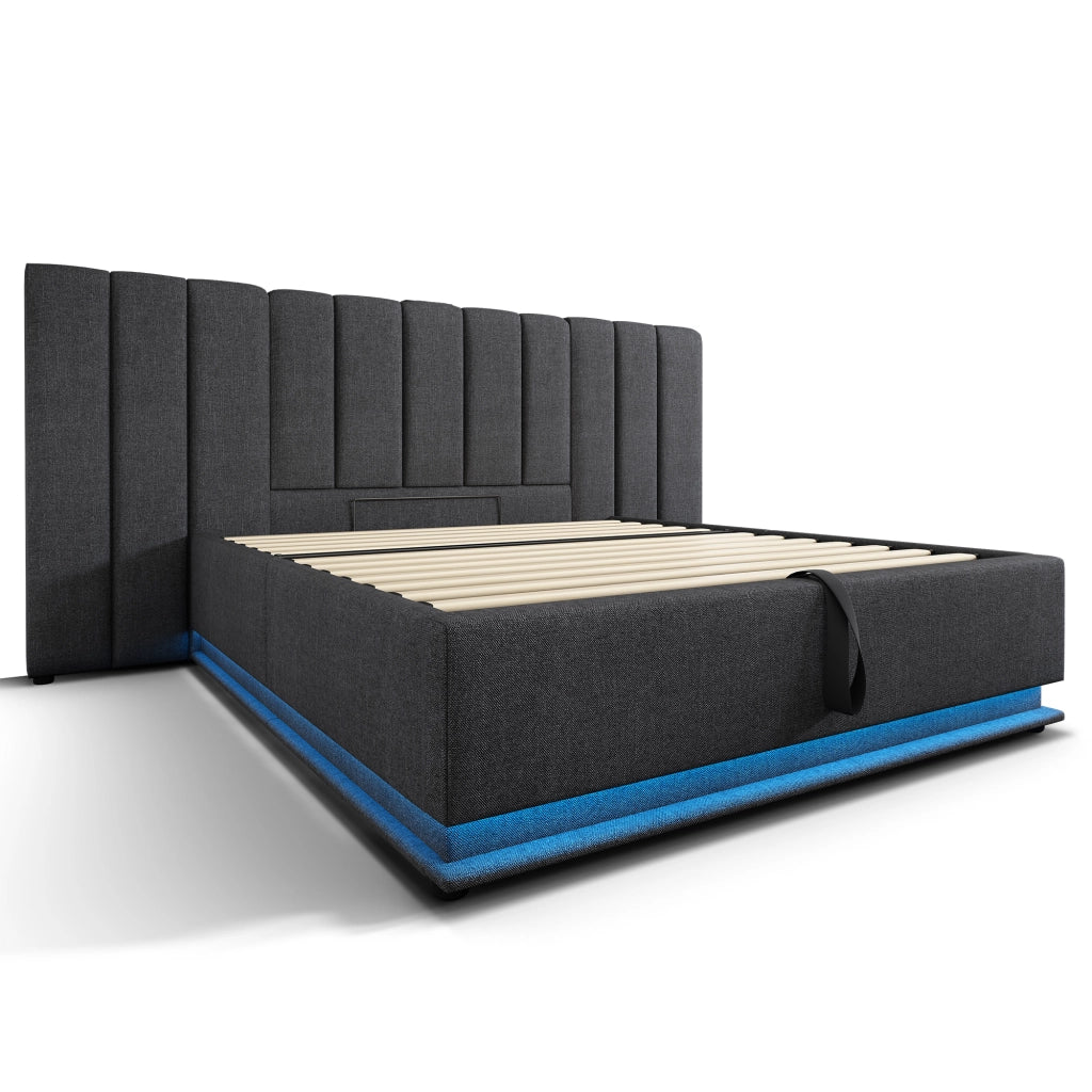 Letto doppio imbottito; 180x200cm; Controllo App LED USB C Storage Grigio; grigio