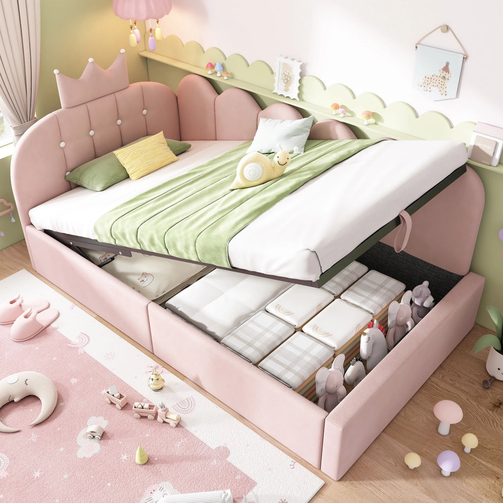 Letto singolo a divano 90 × 200 cm con contenitore idraulico in velluto rosa design corona e griglia