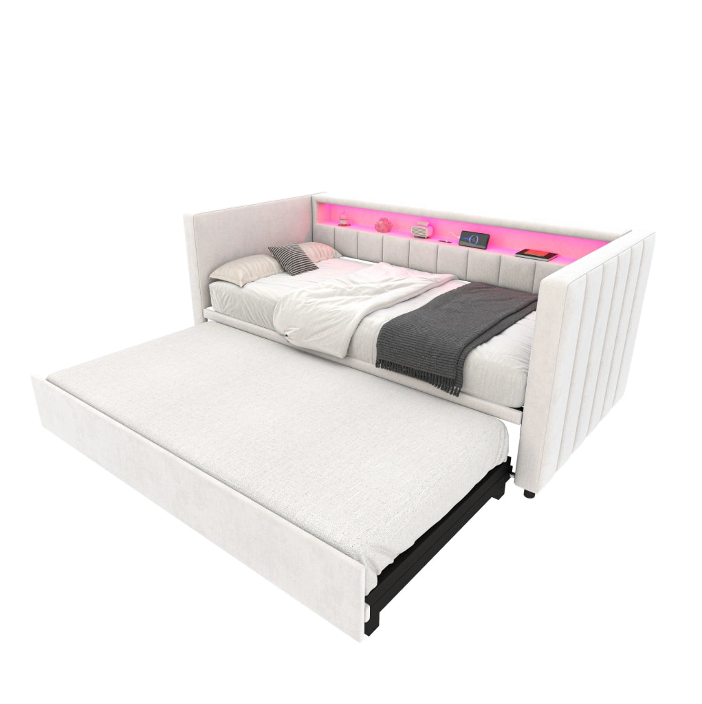 Divano letto estraibile con LED e USB Type-C; 90x190 cm; in velluto beige