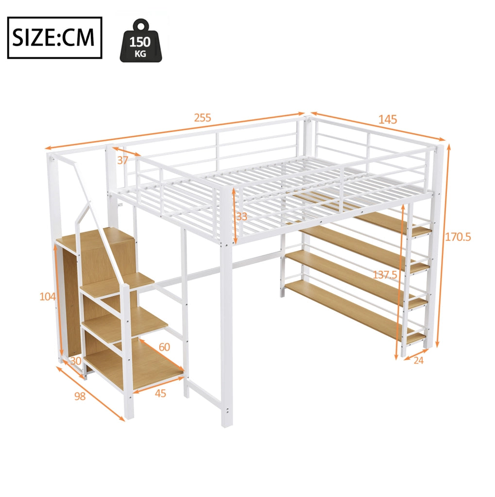 Letto a soppalco 140x200 cm con scala contenitore in metallo bianco