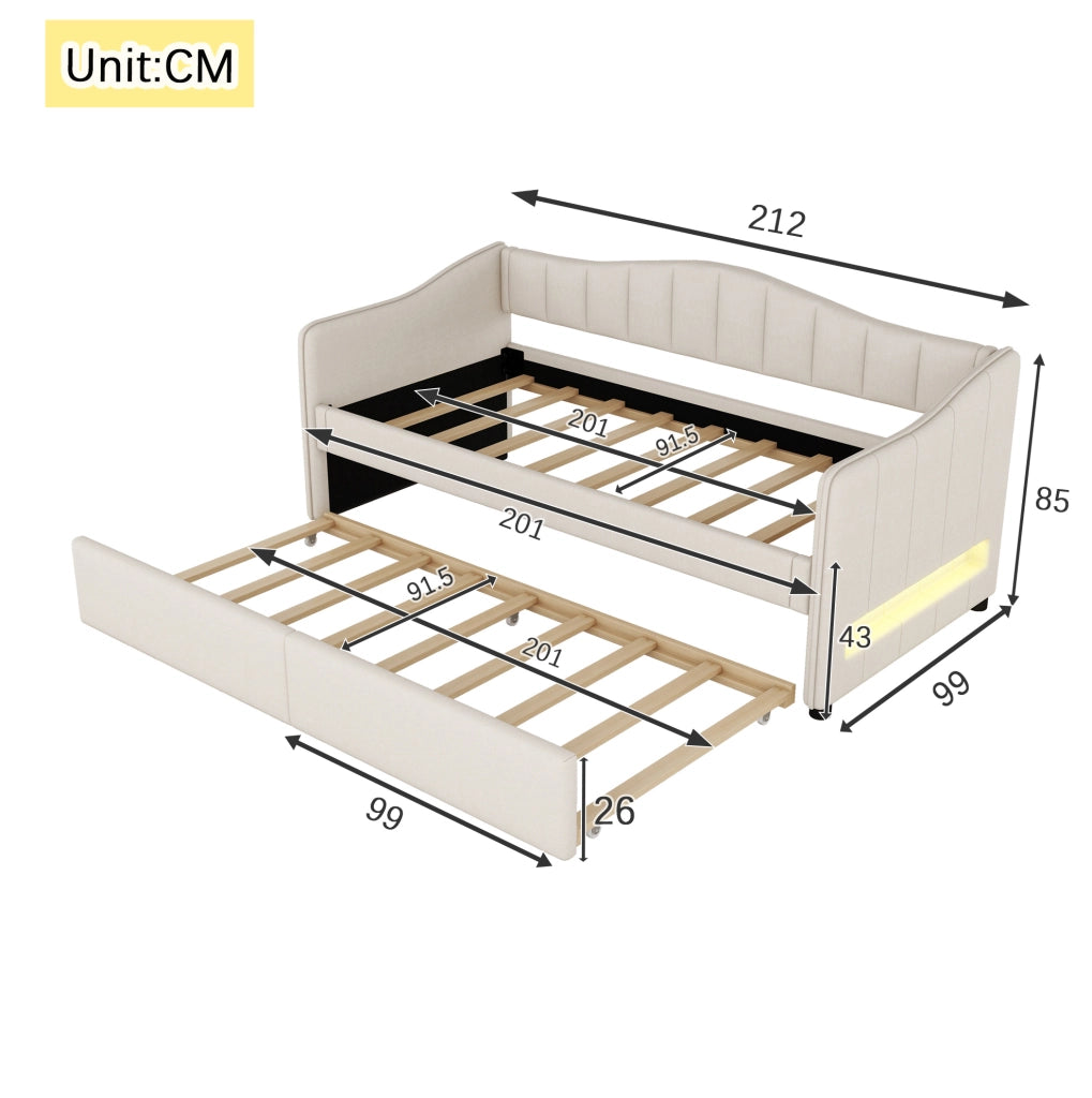 Letto Giorno 90x200 cm con Letto Estraibile, Divano Letto Singolo in Lino Beige Senza Materasso, Illuminazione Ambientale
