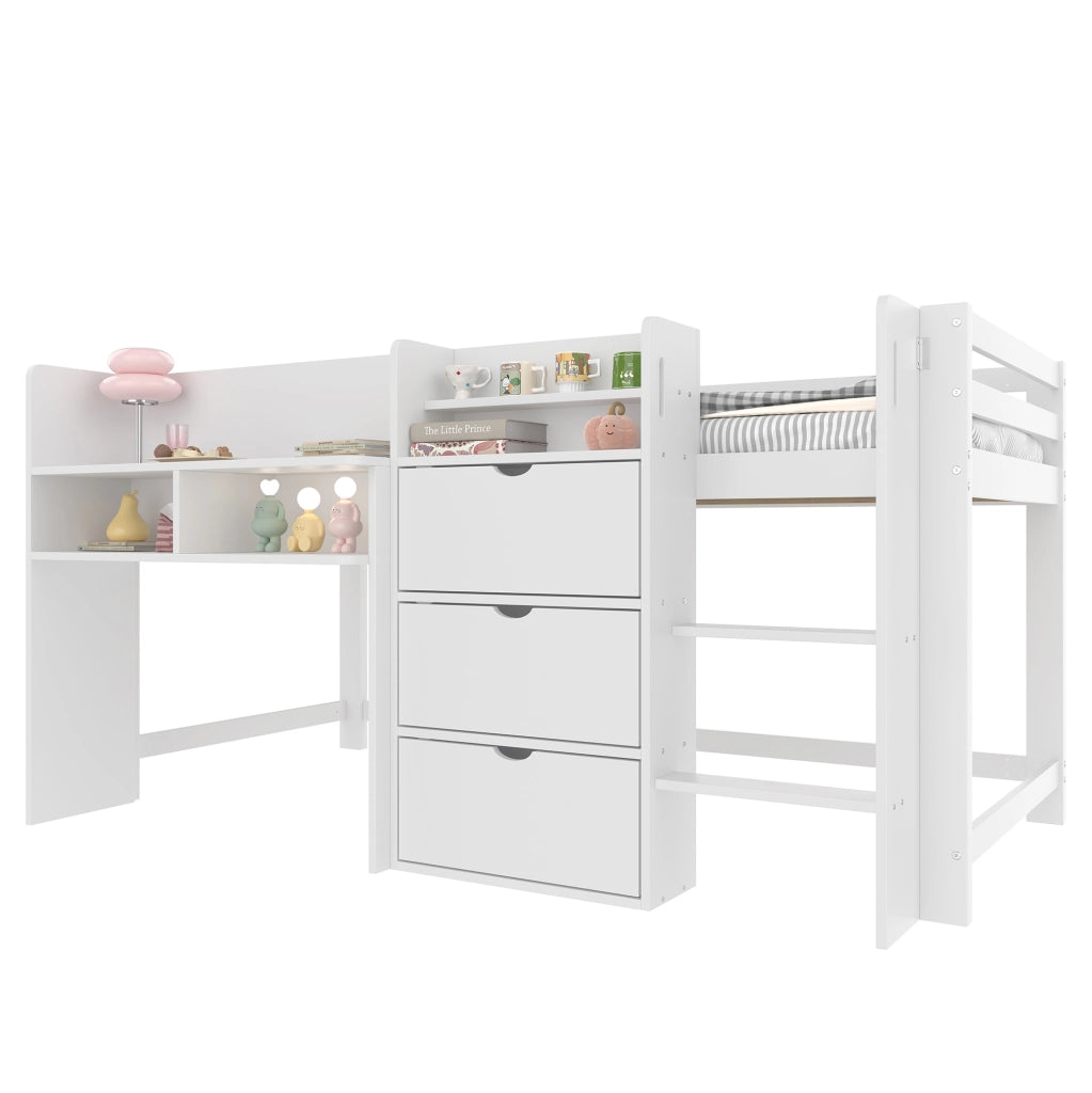 Letto a soppalco per bambini 90x200 cm in pino bianco con contenitori