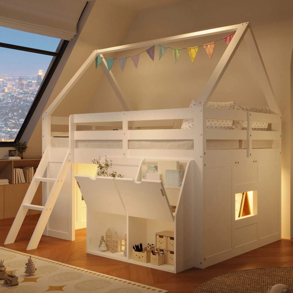 LETTO A SOPPALCO a Casetta 140x200 cm Bianco con Scala, LED e Contenitori