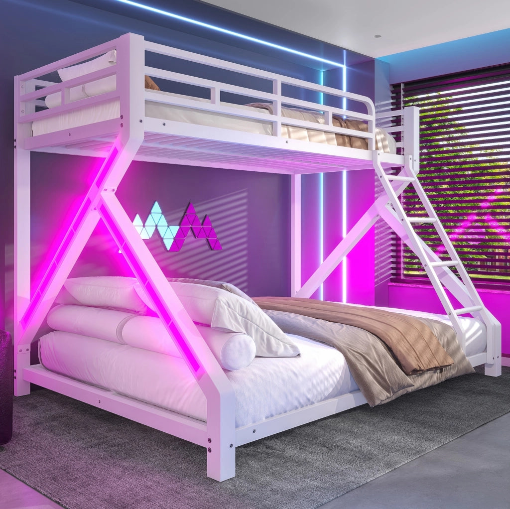 Letto a Castello in Ferro 90x200 cm e 140x200 cm con Striscia LED, Corrimano di Sicurezza e Scala, Bianco, Senza Materasso
