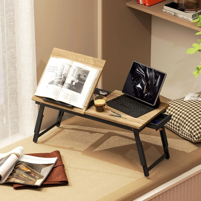 Tavolo da letto pieghevole e inclinabile con cassetto in bambù color rovere 83.5 × 33 × 23.5-34 cm
