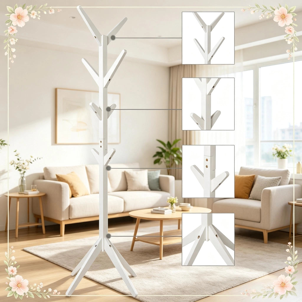 Appendiabiti da terra con 8 ganci in legno bianco struttura triangolare portata 3 kg per gancio 43 × 43 × 180 cm